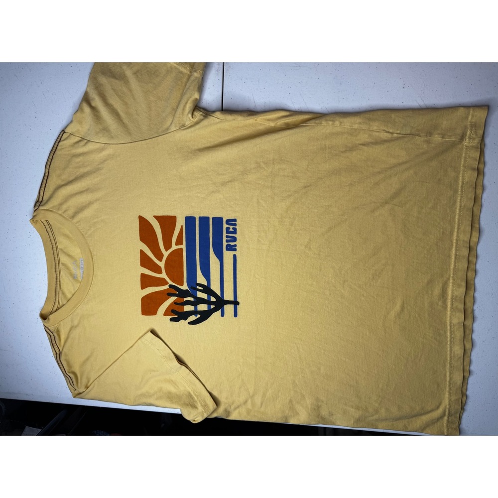 RVCA Mens Pigment Dye Slim Fit Graphic T-Shirt Yellow Mustard Desert Sun Size M